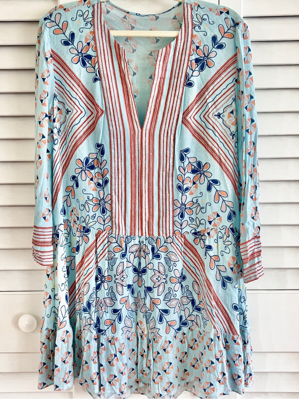 Dalia Mint Blue-Green Dress Floral & Stripe Mixed Print Boho Tunic Mini Dress L - Picture 2 of 12
